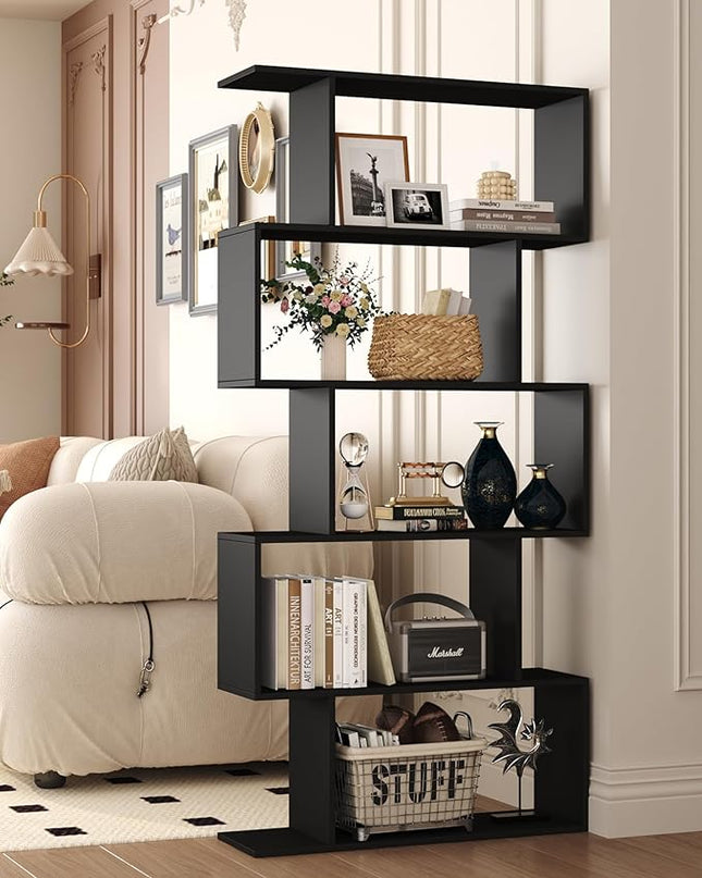 Yusong Bookshelf 5-Tier, Geometric Bookcase S Shaped Book Shelves for Bedroom, Modern Wood Decorative Display Shelf Book Case for Home Office, Black - LeafyLoom
