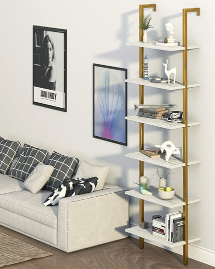 Ladder Shelf 6 Tiers Marble White Modern Bookshelf Open Tall Wall Mount Bookcase Standing Leaning Wall Shelves Industrial Decorative Living Room Bed Room - LeafyLoom