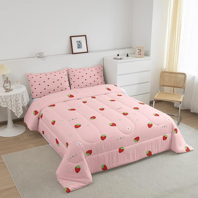 Kawaii Bedding, Pink Strawberry Decor Comforter Set Full, for Women Girls Kids Kawaii Room Decor, Cute Strawberry Duvet Set Reversible Cute Kawaii Strawberry Quilt Duvet Set with 2 Pillowcases - LeafyLoom