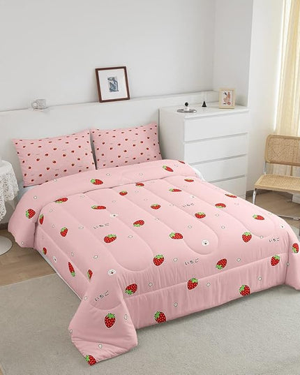 Girls Strawberry Comforter Set Twin Kawaii Strawberry Comforter For Kids Japanese Style Pink Cute Cartoon Fruit Food Theme Bedding Set Girly White Floral Down Comforter Reversible Soft Lightweight - LeafyLoom
