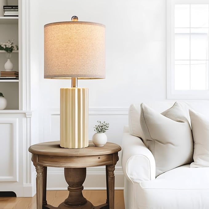 Oneach 21'' Farmhouse Ceramic Table Lamp Set of 2 for Bedroom Living Room House Decor Off-White Desk Lamps Home Office Dorm Rustic Modern Style Lamp - LeafyLoom