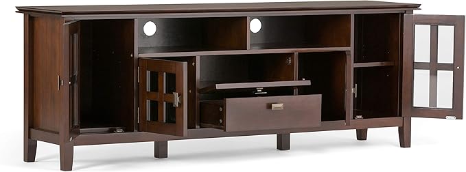 SIMPLIHOME Artisan SOLID WOOD Universal TV Media Stand, 72 inch Wide, Contemporary, Living Room Entertainment Center, Storage Cabinet, for Flat Screen TVs up to 80 inches in Russet Brown - LeafyLoom