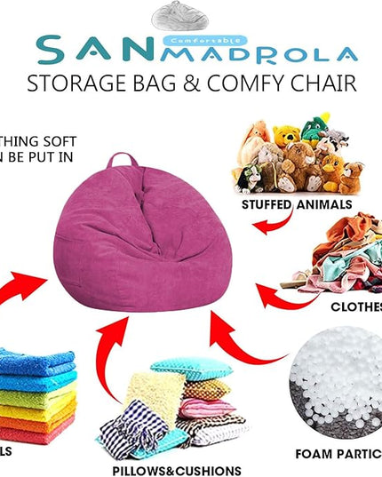 Stuffed Animal Storage Bean Bag Chair Cover (No Beans) for Kids and Adults.Soft Premium Corduroy Stuffable Beanbag for Organizing Children Plush Toys or Memory Foam Extra Large (RoseRed) - LeafyLoom