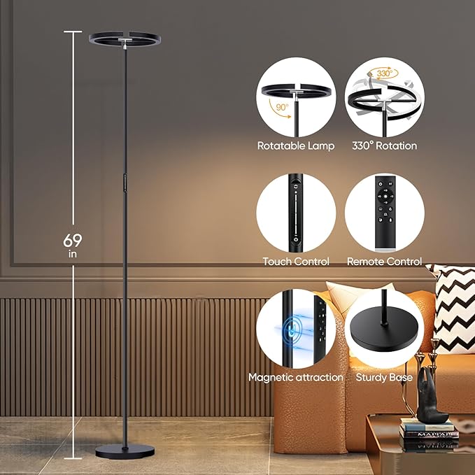 Floor Lamps for Living Room,SIBRILLE Modern Stepless Dimmable Standing Lamp 3000-6000K,20W LED Rotatable Reading Light,Touch&Remote Control Uplighter Floor Lamp for Living Room Bedroom Office - LeafyLoom