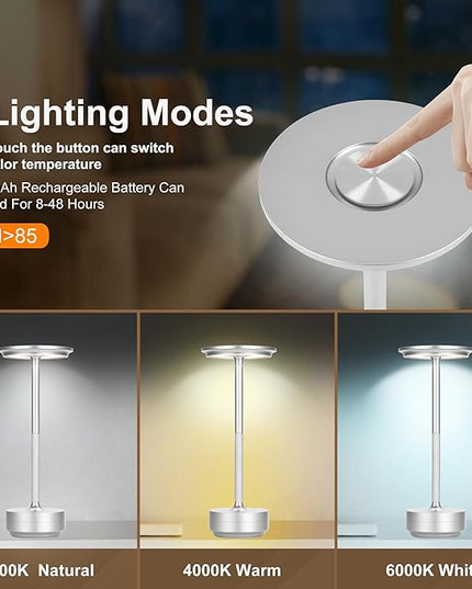 Cordless Table Lamp,Rechargeable Table Lamp for Dinning，Restaurant,Nightstand，LED Battery Operated 3-Level Dimming Portable Outdoor Cordless Lamp,Touch Eye Protection Night Light (Silver)… - LeafyLoom