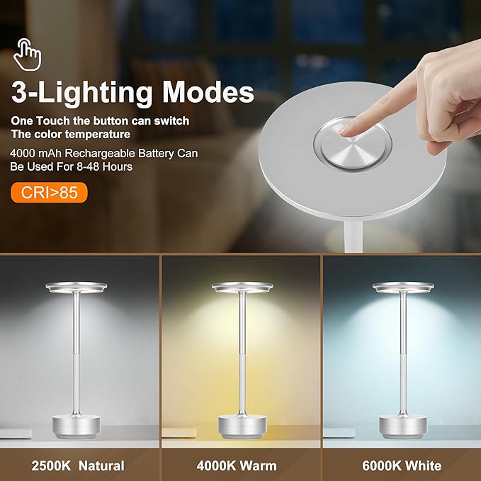 Cordless Table Lamp,Rechargeable Table Lamp for Dinning，Restaurant,Nightstand，LED Battery Operated 3-Level Dimming Portable Outdoor Cordless Lamp,Touch Eye Protection Night Light (Silver)… - LeafyLoom