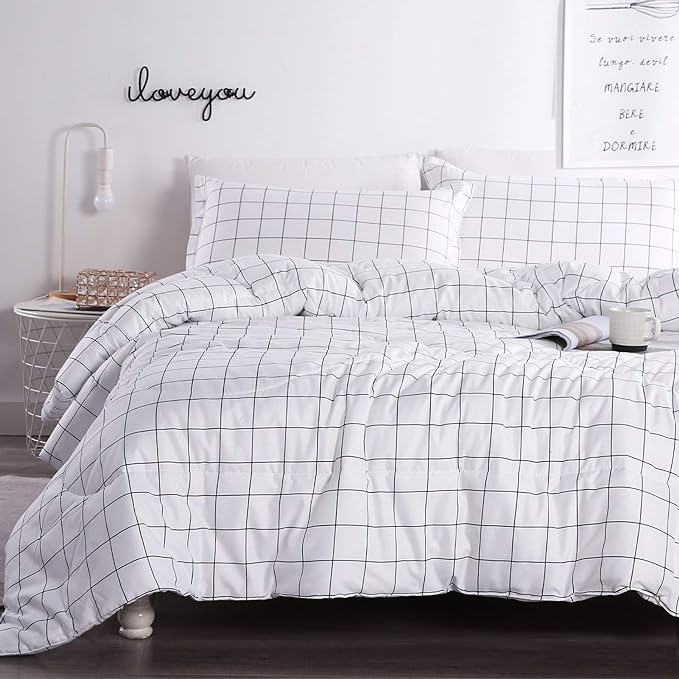 Andency White Grid Comforter Set Queen Size (90x90 Inch), 3 Pieces(1 Grid Comforter and 2 Pillowcases), Summer Lightweight Microfiber Down Alternative White Comforter with Black Lines - LeafyLoom