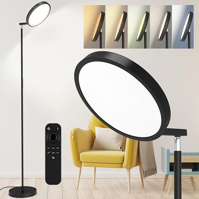 JOOFO Folding Floor Lamp, Sky LED Floor Lamp with Modern Folding Torchiere Design, 5 Color Temperatures Lamp with Remote and Touch Pad, Perfect Standing Folding Light for Bedroom,Office(Black-Folding) - LeafyLoom