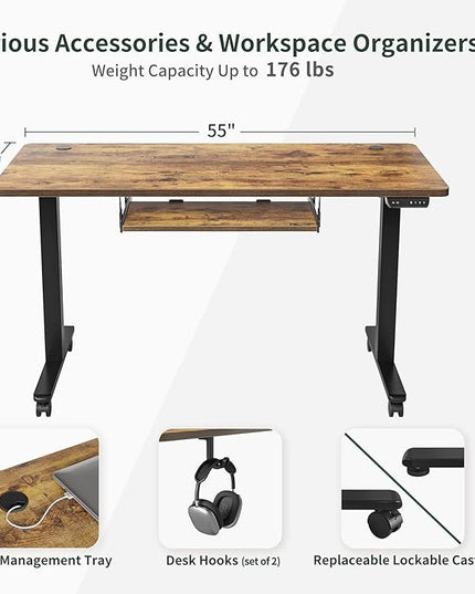 FEZIBO Standing Desk with Keyboard Tray, 55 × 24 Inches Electric Height Adjustable Desk, Sit Stand Up Desk, Computer Office Desk, Rustic Brown - LeafyLoom