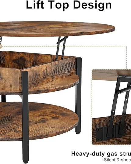 FABATO Round Lift Top Coffee Table for Living Room, 35.43'' Round Coffee Table with Storage and Hidden Compartment, 2 Tier Large Farmhouse Coffee Table Round Dining Table, Rustic Brown - LeafyLoom