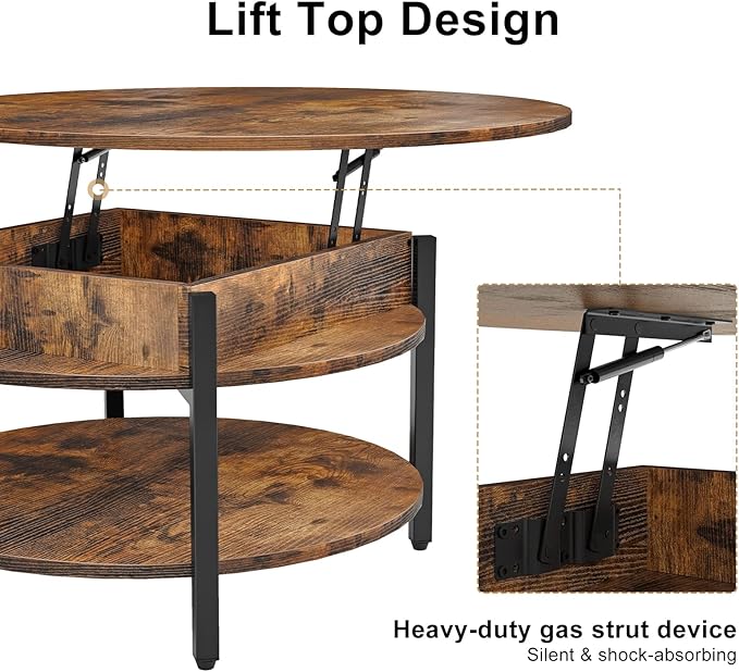 FABATO Round Lift Top Coffee Table for Living Room, 35.43'' Round Coffee Table with Storage and Hidden Compartment, 2 Tier Large Farmhouse Coffee Table Round Dining Table, Rustic Brown - LeafyLoom