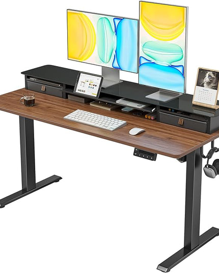 FEZIBO 48 x 24 Inch Height Adjustable Glass Electric Standing Desk with Double Drawer, Stand Up Desk with Storage Shelf, Sit Stand Desk, Black Walnut - LeafyLoom