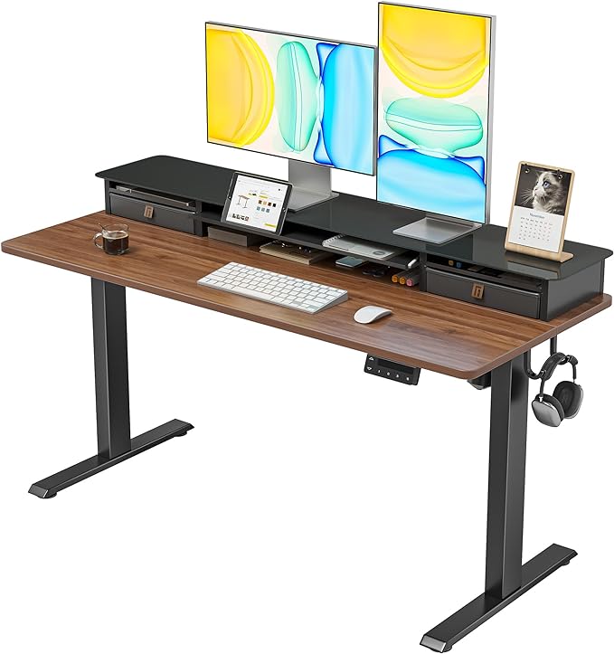 FEZIBO 48 x 24 Inch Height Adjustable Glass Electric Standing Desk with Double Drawer, Stand Up Desk with Storage Shelf, Sit Stand Desk, Black Walnut - LeafyLoom
