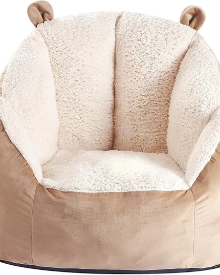 Cute Soft Bean Bag Chair for Kids with Fluffy Bear Ears, Cozee Fluffy Lazy Chair for Up to 10 Years Old Girls and Boys - LeafyLoom