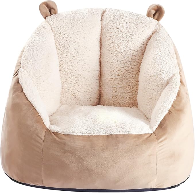 Cute Soft Bean Bag Chair for Kids with Fluffy Bear Ears, Cozee Fluffy Lazy Chair for Up to 10 Years Old Girls and Boys - LeafyLoom