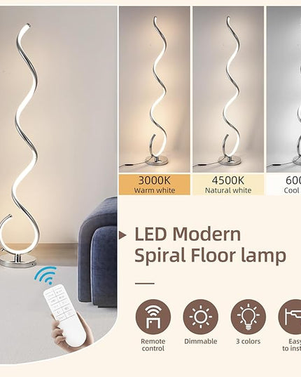 Spiral LED Floor Lamp for Living Room,40W Modern Floor Lamps with Remote Control, 3 Colors Stepless Dimmable Floor Standing Lamp Reading Corner Floor Tall Lamp for Bedroom Office - Chrome - LeafyLoom