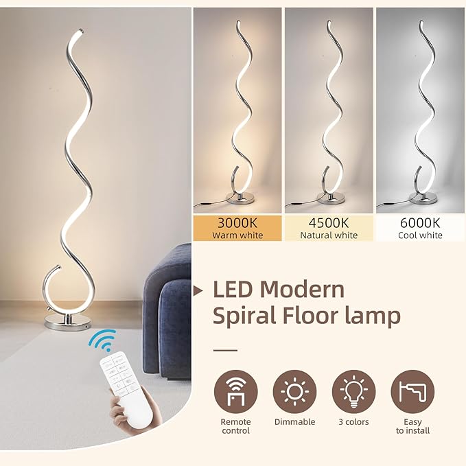 Spiral LED Floor Lamp for Living Room,40W Modern Floor Lamps with Remote Control, 3 Colors Stepless Dimmable Floor Standing Lamp Reading Corner Floor Tall Lamp for Bedroom Office - Chrome - LeafyLoom