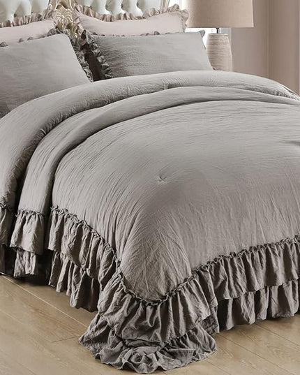 Grey Shabby Comforter Set Queen,Farmhouse Rustic Microfiber Bedding Ruffled Comforter Set,Vintage Gray Ruffle Comforter for Queen Bed Fluffy Aesthetic Bedding 3 Pieces - LeafyLoom