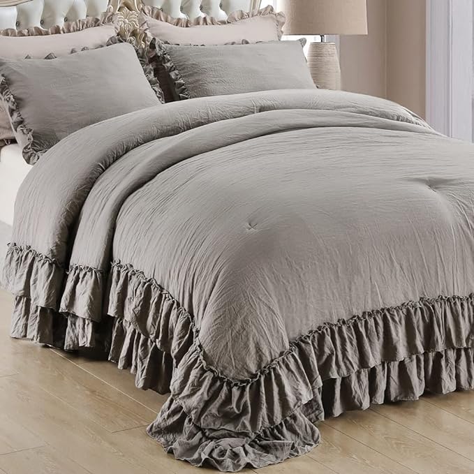 Gray Ruffled Comforter Set King,Farmhouse Shabby Boho Chic Bedding Comforter Lightweight Fluffy Aesthetic Vintage Rustic Bedding 3 Pieces (1 Ruffle Comforter and 2 Pillowcases) - LeafyLoom