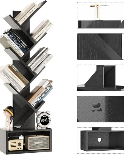 YMYNY 6 Tier Tree Bookshelf, Tall Bookcase, Wood Book Storage Rack with Drawer, Modern Floor Standing Book Shelf for Books/Movies/CDs, Utility Organizer for Living Room, Home Office, Black UHBC016B - LeafyLoom