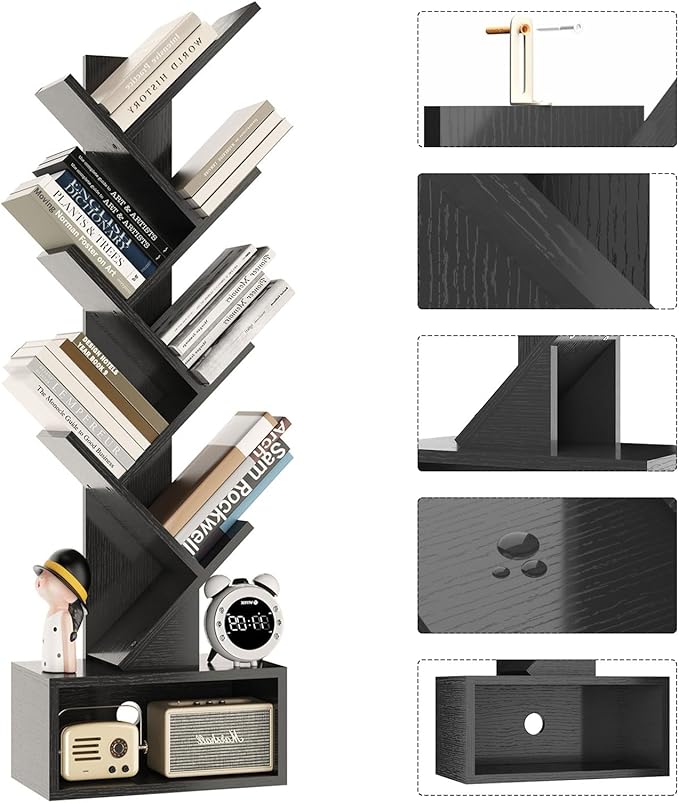 YMYNY 6 Tier Tree Bookshelf, Tall Bookcase, Wood Book Storage Rack with Drawer, Modern Floor Standing Book Shelf for Books/Movies/CDs, Utility Organizer for Living Room, Home Office, Black UHBC016B - LeafyLoom