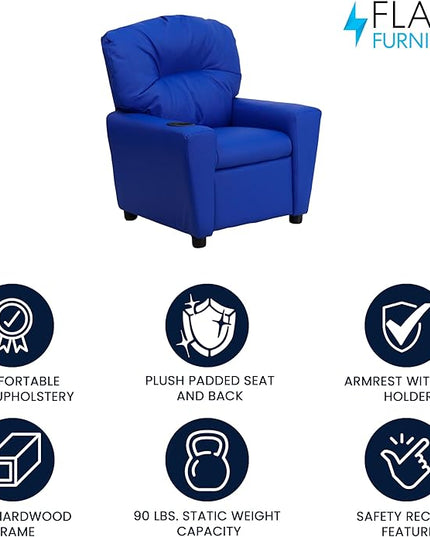 Flash Furniture Chandler Vinyl Kids Recliner with Cup Holder and Safety Recline, Contemporary Reclining Chair for Kids, Supports up to 90 lbs., Blue - LeafyLoom
