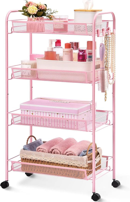 TOOLF 4-Tier Rolling Cart, Metal Utility Cart with 3 Hooks, Easy Assemble Mobile Storage Trolley On Wheels, Metal Shelving Units Kitchen Bathroom Laundry Room - LeafyLoom