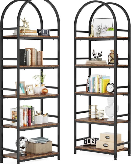 Tribesigns 5-Tier Open Bookshelf, 74.4" Wood Bookcase Storage Shelves with Metal Frame, Freestanding Display Rack Tall Shelving Unit for Office, Bedroom, Living Room, Easy Assembly(Brown, 2PCS) - LeafyLoom