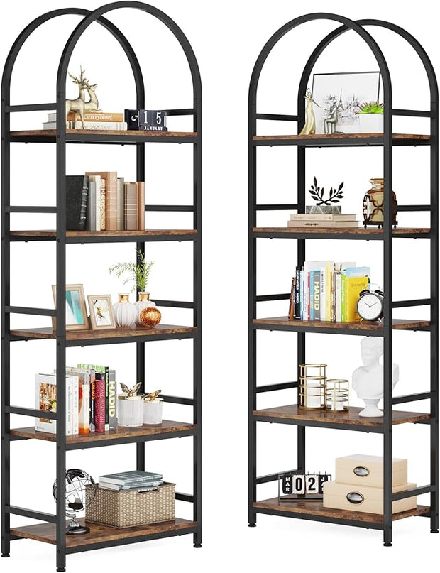 Tribesigns 5-Tier Open Bookshelf, 74.4" Wood Bookcase Storage Shelves with Metal Frame, Freestanding Display Rack Tall Shelving Unit for Office, Bedroom, Living Room, Easy Assembly(Brown, 2PCS) - LeafyLoom