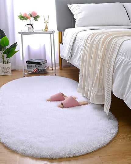 Merelax Soft Shaggy Rug for Kids Bedroom, Oval 2.6'x5.3' White Plush Fluffy Carpets for Living Room, Furry Carpet for Teen Girls Room, Anti-skid Fuzzy Comfy Rug for Nursery Decor Cute Baby Play Mat - LeafyLoom