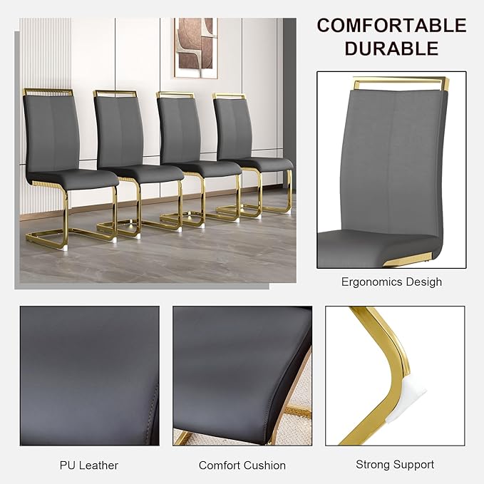 Modern Dining Chairs Set of 4,High Back Grey Kitchen Chairs,Faux Leather Side Chair with Gold Plated Metal Legs,Easy to Clean Upholstered Dining Chairs,Ideal for Living Room(Gold Leg) - LeafyLoom