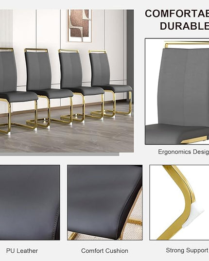 Modern Dining Chairs Set of 6,High Back Grey Kitchen Chairs,Faux Leather Side Chair with Gold Plated Metal Legs,Easy to Clean Upholstered Dining Chairs,Ideal for Living Room(Gold Leg) - LeafyLoom