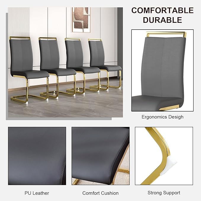 Modern Dining Chairs Set of 6,High Back Grey Kitchen Chairs,Faux Leather Side Chair with Gold Plated Metal Legs,Easy to Clean Upholstered Dining Chairs,Ideal for Living Room(Gold Leg) - LeafyLoom