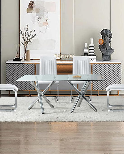 NicBex Large Modern Minimalist Rectangular Glass Dining Table for 6-8 with 0.39" Tempered Glass Tabletop and Silver Chrome Metal Legs for Kitchen Dining Living Meeting Room Banquet Hall, Transparent - LeafyLoom