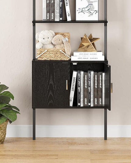 Gadroad Ladder Bookshef with Cabinet, Wall Mounted Bookcases, 5 Tier Tall Open Display Rack, 73" Metal Industrial Bookshelf, Storage Shelves for Livingroom, Home Office, Black - LeafyLoom
