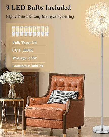 BesLowe 69'' Crystal Floor Lamp for Living Room, Modern Standing Lamp with 738PCS K9 Crystals, Tall Lamp Pole Light for Bedroom Office, Mid Century Silver Floor Lighting with 9 LED Bulbs, Chrome - LeafyLoom