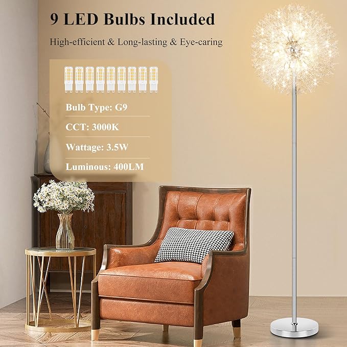 BesLowe 69'' Crystal Floor Lamp for Living Room, Modern Standing Lamp with 738PCS K9 Crystals, Tall Lamp Pole Light for Bedroom Office, Mid Century Silver Floor Lighting with 9 LED Bulbs, Chrome - LeafyLoom