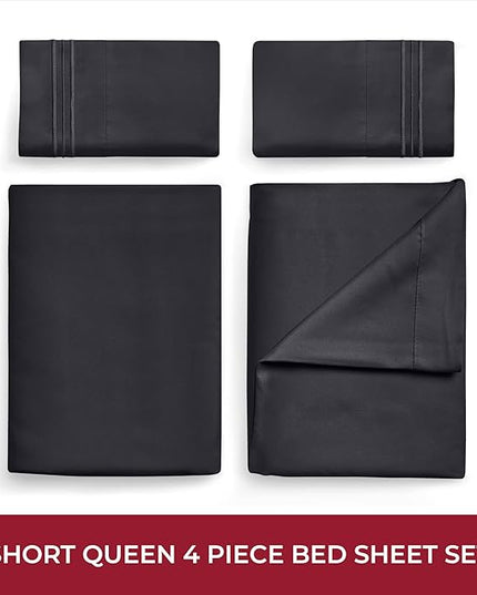Mellanni RV Short Queen Sheets - 4 PC Iconic Collection Bedding Sheets & Pillowcases - Hotel Luxury, Extra Soft, Cooling Bed Sheets - Deep Pocket up to 10 inch (RV/Short Queen, Black) - LeafyLoom