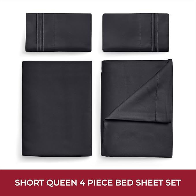Mellanni RV Short Queen Sheets - 4 PC Iconic Collection Bedding Sheets & Pillowcases - Hotel Luxury, Extra Soft, Cooling Bed Sheets - Deep Pocket up to 10 inch (RV/Short Queen, Black) - LeafyLoom