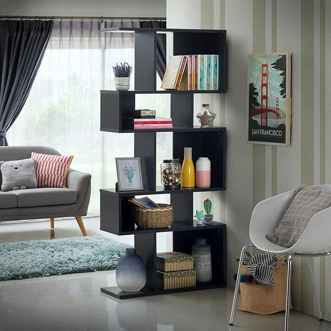 Giantex 5-Tier Geometric Bookshelf Black, 70" Tall Wood Freestanding Decorative Display Open Shelves with Anti-Tipping Device, Each Shelf Holds up to 44 lbs, Wooden S Shaped Bookcase - LeafyLoom