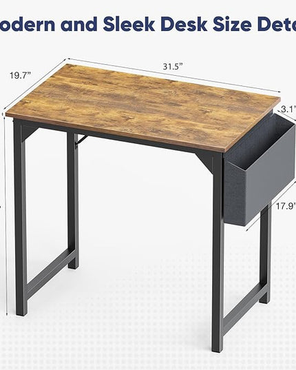 STATESVILLE 32 inch Small Computer Desk Writing Study Work Office Table Modern Simple with Storage Bag and Hook for Home Bedroom, Rustic Brown - LeafyLoom