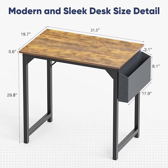 STATESVILLE 32 inch Small Computer Desk Writing Study Work Office Table Modern Simple with Storage Bag and Hook for Home Bedroom, Rustic Brown - LeafyLoom