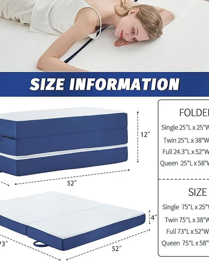 CYMULA Folding Mattress Full Size,4 inch Memory Foam Tri Fold Mattress,Portable Folding Mattress with Washable Cover, Foldable Mattress Topper full for CYMULA Camping,Guest (52"×73"×4") - LeafyLoom