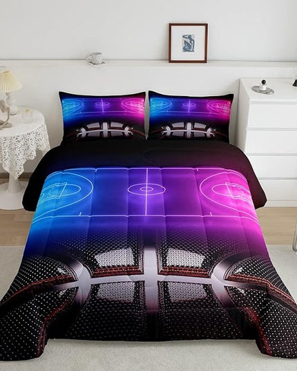 Erosebridal Sports Basketball Comforter Set for Boys Girls Neon Basketball Court Bedding Set Full,Kids Ball Competitive Games Comforter Soft Lightweight Quilt Duvet Set 2 Pillow Cases Bedroom Decor - LeafyLoom