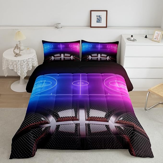 Erosebridal Sports Basketball Comforter Set for Boys Girls Neon Basketball Court Bedding Set Full,Kids Ball Competitive Games Comforter Soft Lightweight Quilt Duvet Set 2 Pillow Cases Bedroom Decor - LeafyLoom