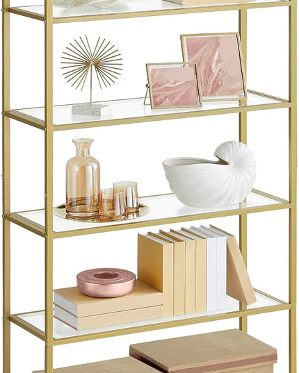 VASAGLE Bookcase, 6-Tier Bookshelf, Slim Shelving Unit for Bedroom, Bathroom, Home Office, Tempered Glass, Steel Frame, Metallic Gold ULGT503A01 - LeafyLoom