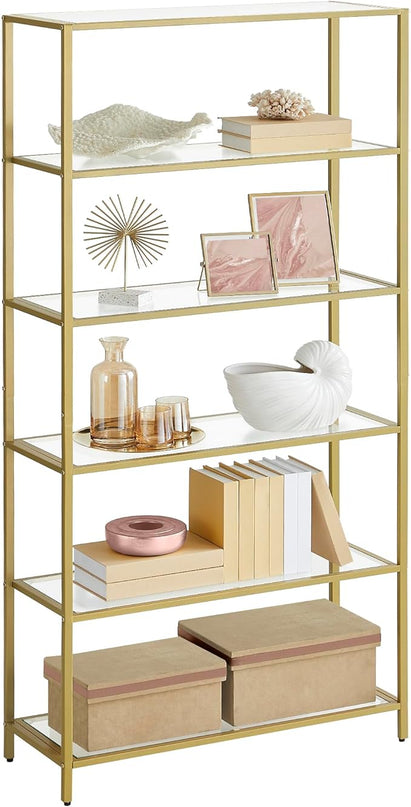 VASAGLE Bookcase, 6-Tier Bookshelf, Slim Shelving Unit for Bedroom, Bathroom, Home Office, Tempered Glass, Steel Frame, Metallic Gold ULGT503A01 - LeafyLoom