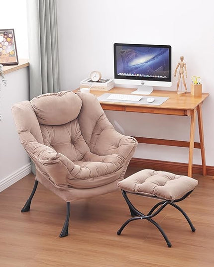 Lazy Chair and Ottoman, Large Accent Lounge Chair with Armrests and a Side Pocket, Modern Leisure Upholstered Sofa Reading Armchair with Footrest for Bedroom, Living Room, Dorm Rooms, Office - LeafyLoom
