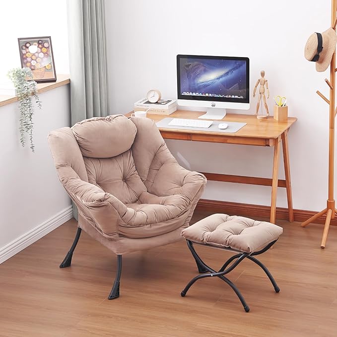 Lazy Chair and Ottoman, Large Accent Lounge Chair with Armrests and a Side Pocket, Modern Leisure Upholstered Sofa Reading Armchair with Footrest for Bedroom, Living Room, Dorm Rooms, Office - LeafyLoom