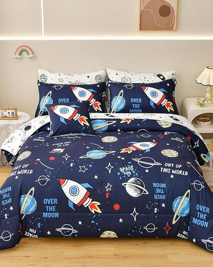 8 Piece Kid Comforter Set Twin Size Bed in a Bag, Space Rocket Bedding Set for Teen Boys Girls - LeafyLoom